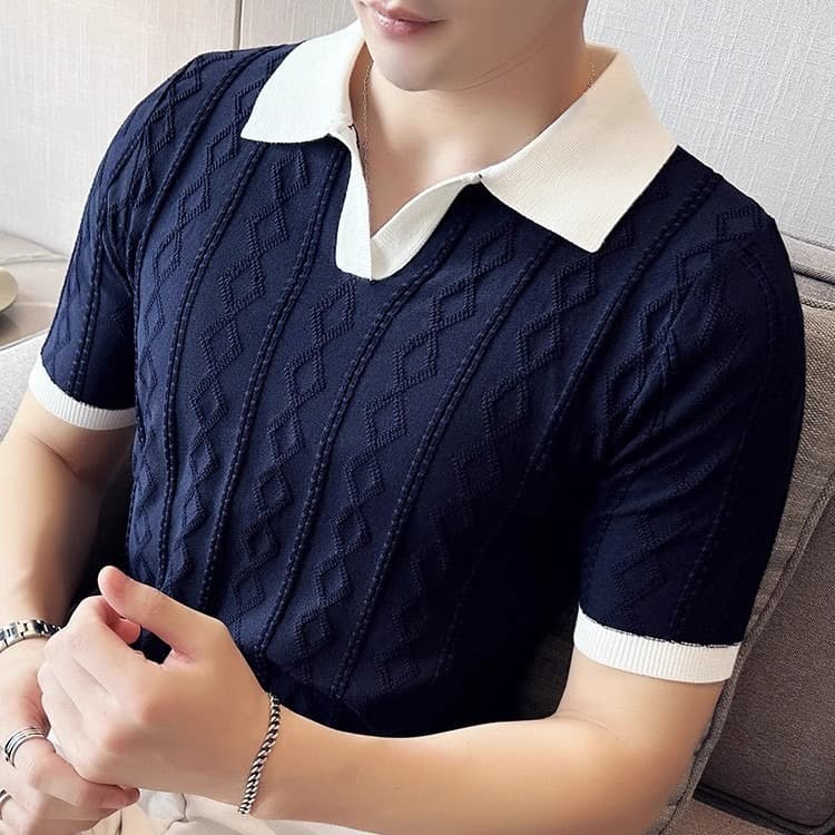 Men's Clothing Summer Breathable Italian Color Matching Light Mature Men's Polo Shirt V Lapel Elastic Texture Slim Short Sleeved Knitted Sweater