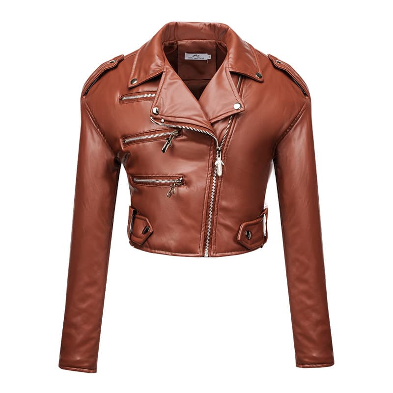 Women's Clothing women's leather jacket slim short style with cotton high waist long sleeve lapel oblique zipper leather pu jacket