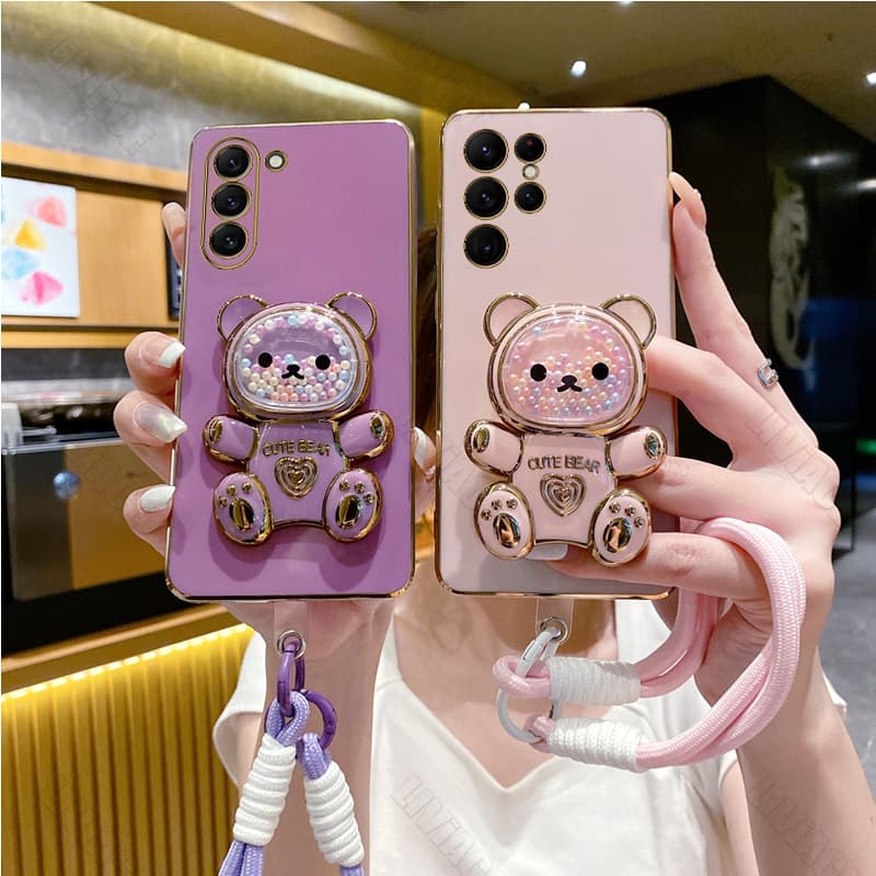 s 21 22 Cute Bear Wrist Strap Phone Holder Case For Samsung Galaxy S20 S24 S22 S23 S21 S10 Note 10 20 Plus Ultra Fe