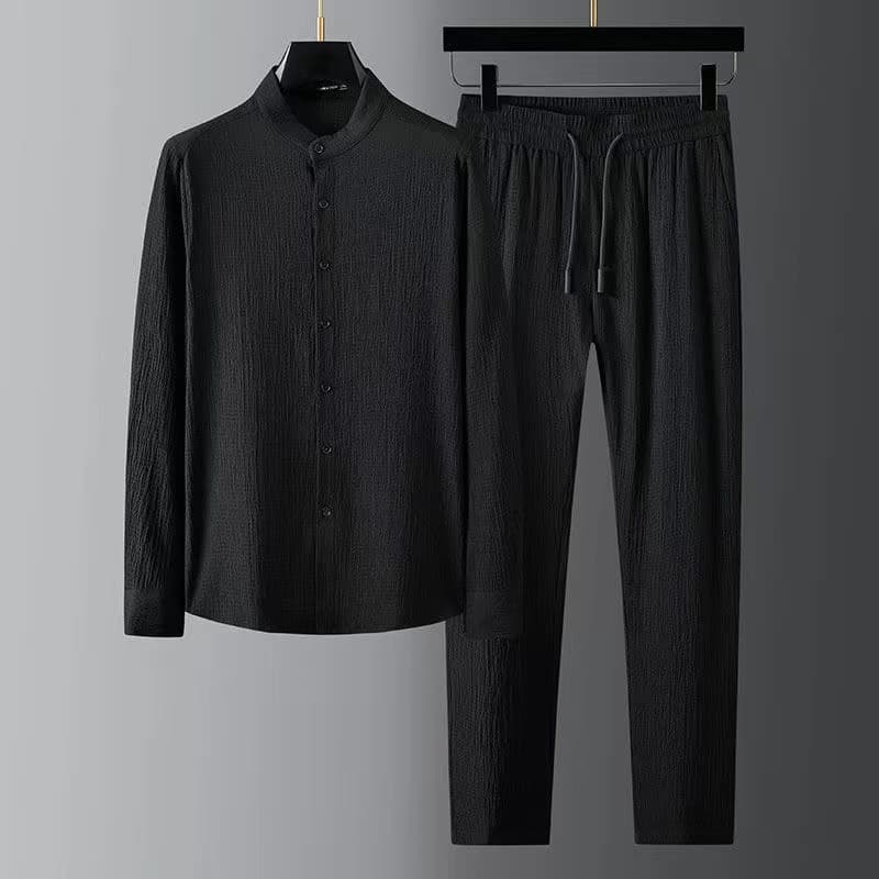 Men's Clothing Spring And Summer New Seersucker Striped Pleated Stand Collar Men's Shirt Wholesale