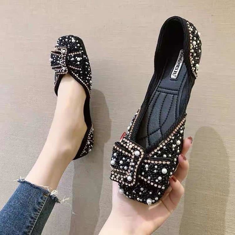Korean Version Of The 2024 Spring New Pearl Rhinest Shallow Square Toe Single Shoes Versatile Flat-soled Temperament Net Celebrity Female Shoes Trend