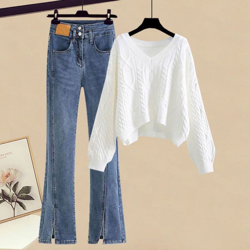 Women's Clothing Knitted Sweater & Jeans Two-Piece Set Plus Size Autumn Knitted Sweater & Ripped Jeans Two-Piece Set – Soft Style Slimming Outfit​