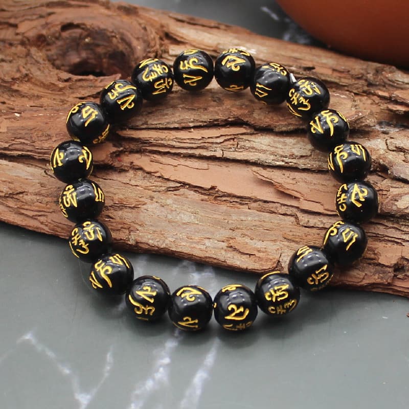 Gold-Stamped Single Loop Buddhist Bracelet Men's Lucky Bead Six-Word Mantra Live Streaming Scenic Spot Accessories