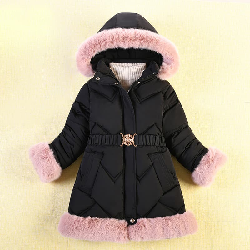 Children's Winter Girls Solid Color Medium Long Cotton-padded Coat Coat Fur Collar Edge Coat