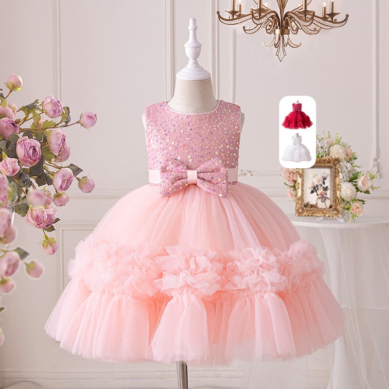 Kid's Clothing Summer new bow princess dress baby bridesmaid dress skirt sequins fluffy mesh girl dress