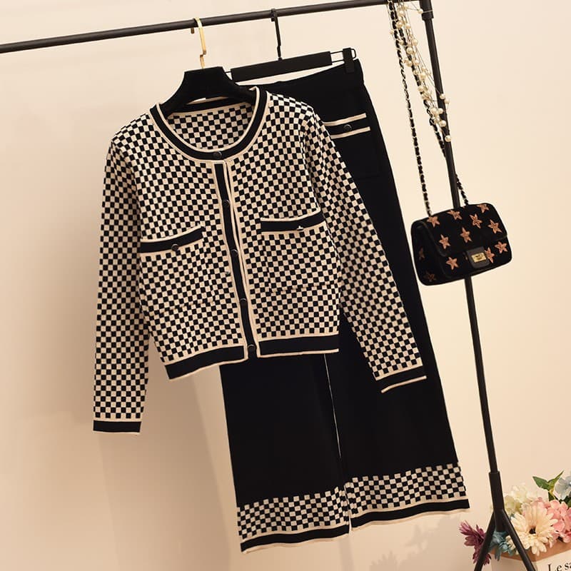 Women's Clothing Buttons High age Knitted Two piece Suit Style Wide leg Pants