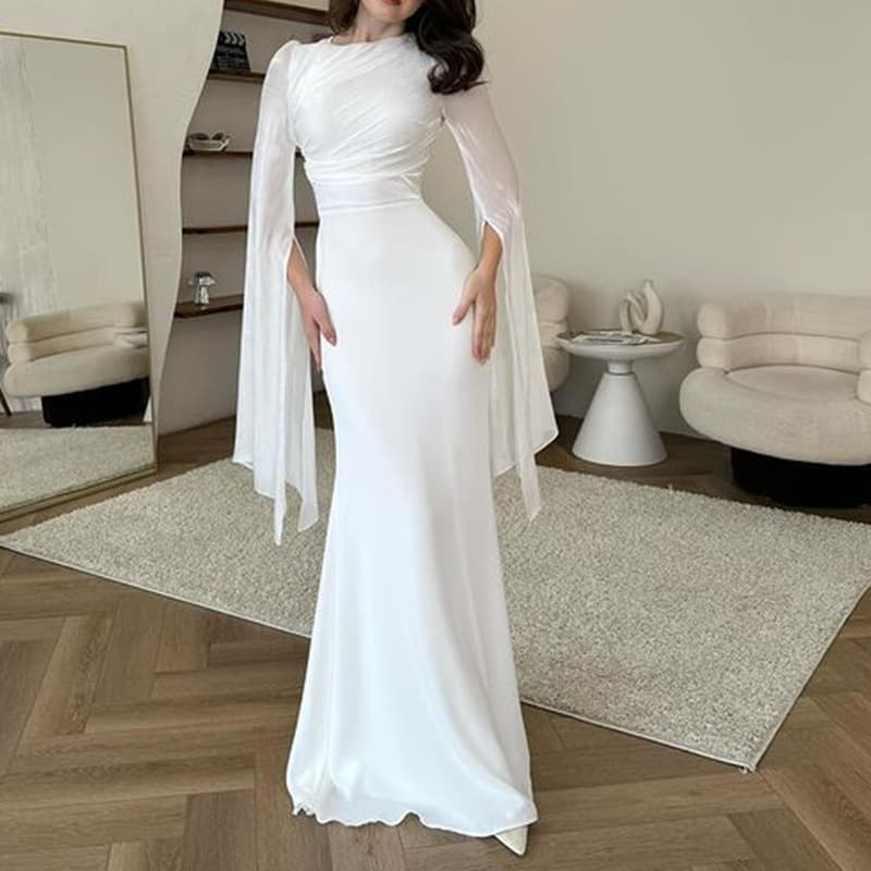 Women's round neck long-sleeved dress slim fit light luxury sexy high waist long skirt