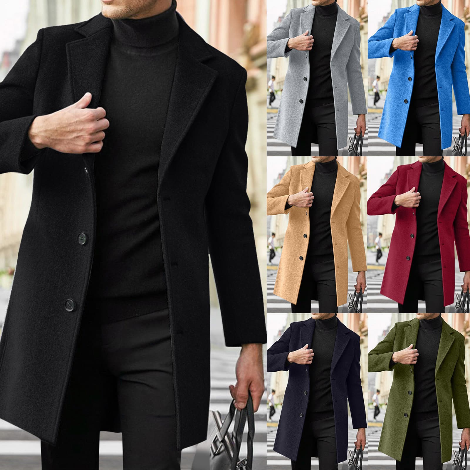 Men's Clothing Classic British Style Men's Long Wool Coat - Winter Trench Coat With Multiple Pockets (Black, Khaki, Brown, Light Gray, Red)