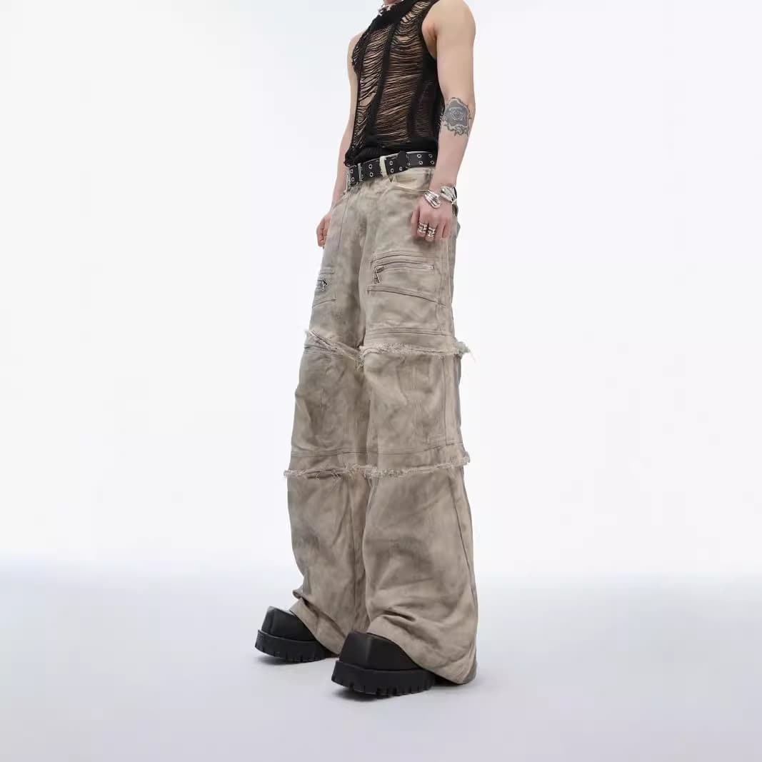 Men's Clothing Retro Damaged Raw Edge Casual Trousers Heavy Industrial Denim High Street Cool