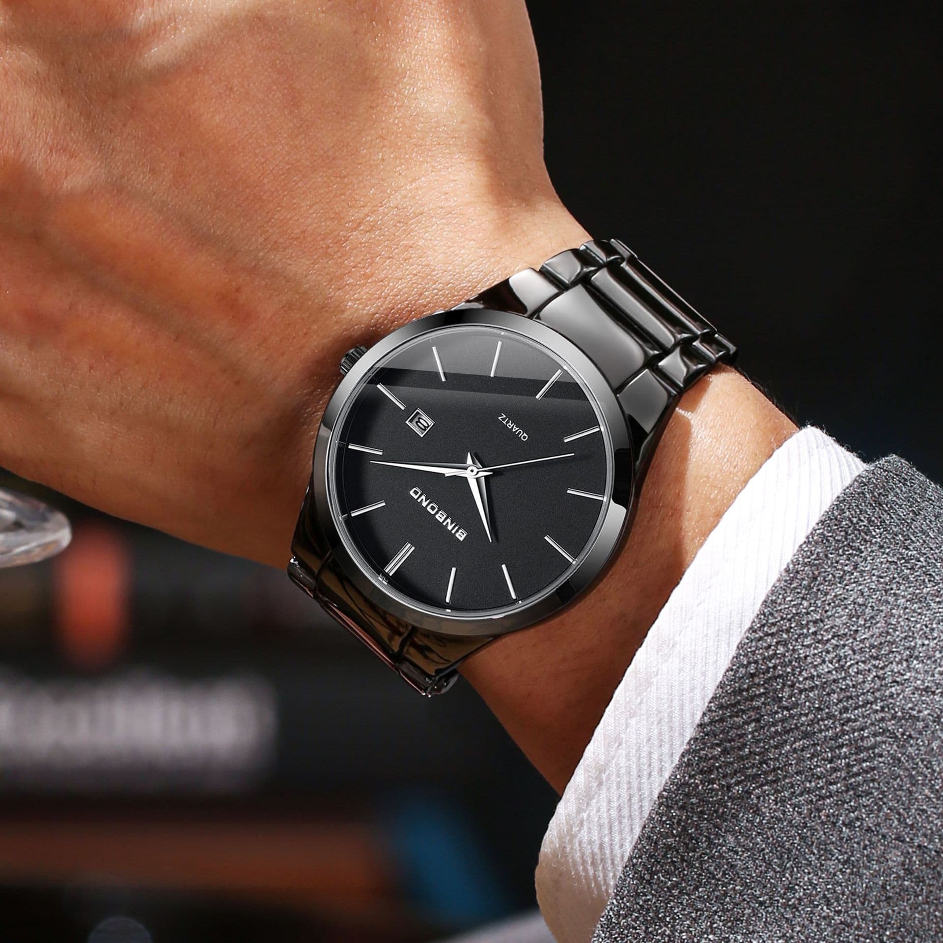 Montre habillée pour homme en acier inoxydable – Chronographe à quartz fin avec affichage de la date, aiguilles lumineuses et étanchéité jusqu'à 30 mètres, bracelet en acier de haute qualité