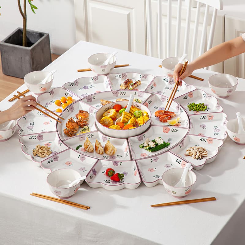 Elegant Purple Floral Ceramic Dinnerware Set - 8-Compartment Platter With Lotus Edge Design, Microwave Safe, Exquisite Chinese Style