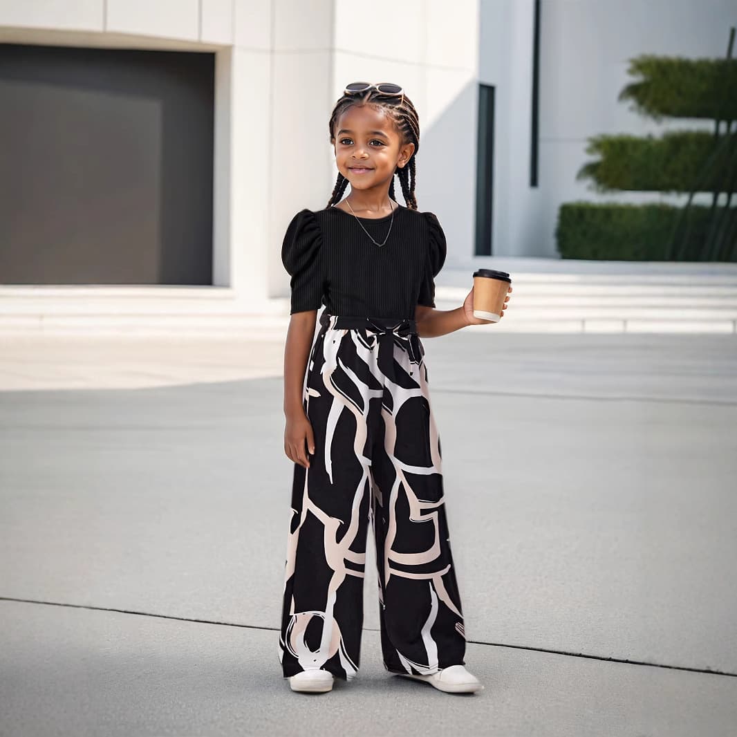 Kids’ Clothing INS Girls Summer Puff Sleeves Fashionable Casual Tops Floral Print Wide Leg Pants Stylish Suit
