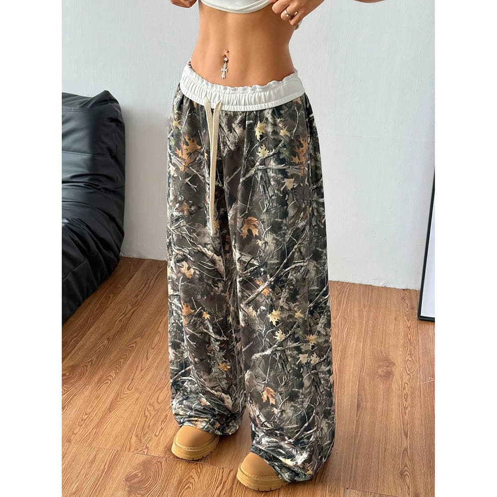Women's Clothing Youth Casual Pants Women's Elastic Waist Camouflage Print Slim Wide Leg Mopping Long Pants