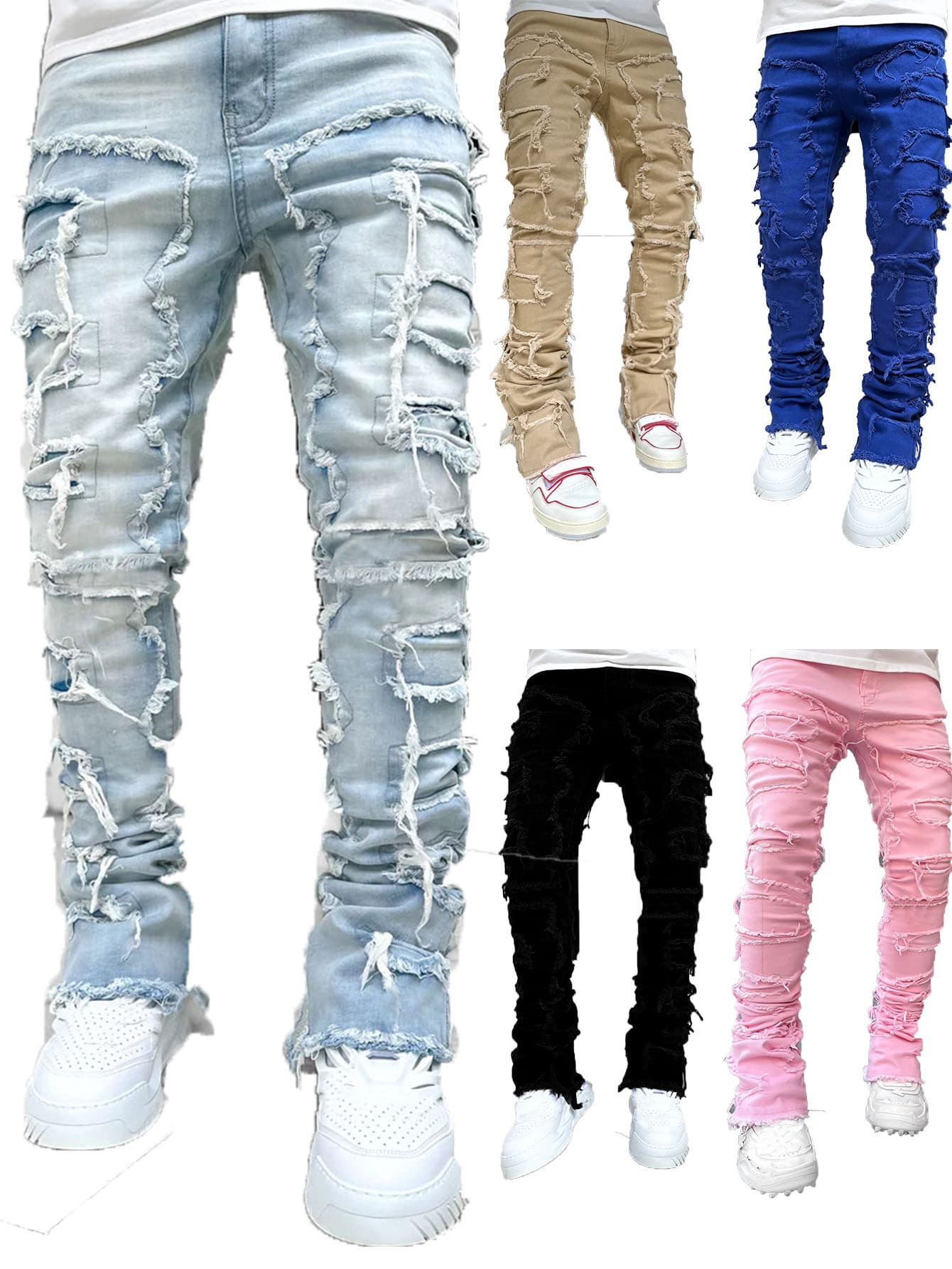 Men's New Denim Straight Leg Pants Fashion Ins Elastic Patch Denim Pants