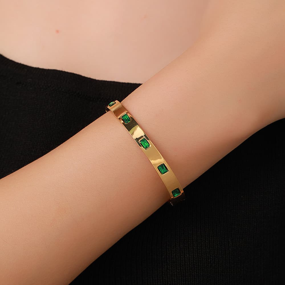 Women's Jewelry Retro Titanium Steel Bracelet High End Fashion Versatile Open End Inlaid Green Zircon Bracelet Does Not Fade