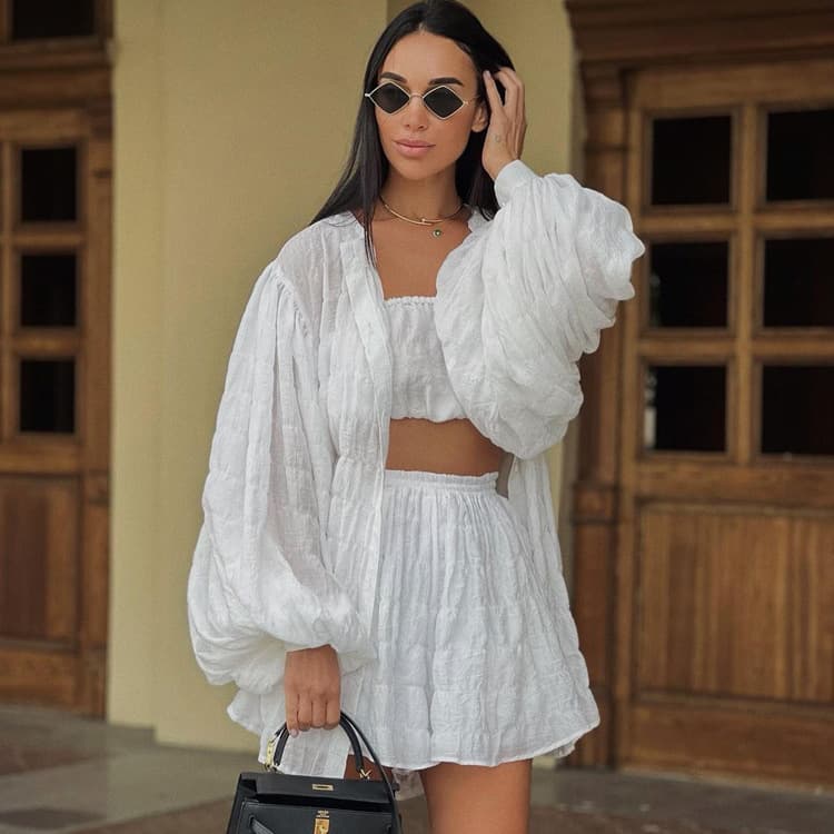 Women's fashion long-sleeved white shirt loose suit with chest top high-waisted shorts three-piece set