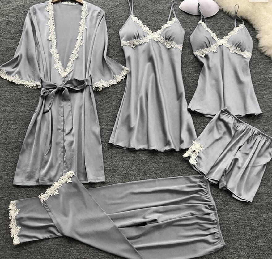 Women's Sexy Five-piece Pajamas For Women Summer Mid-sleeve Bridal Dressing Gown Large Size Home Wear Nightgown Bathrobe Wholesale