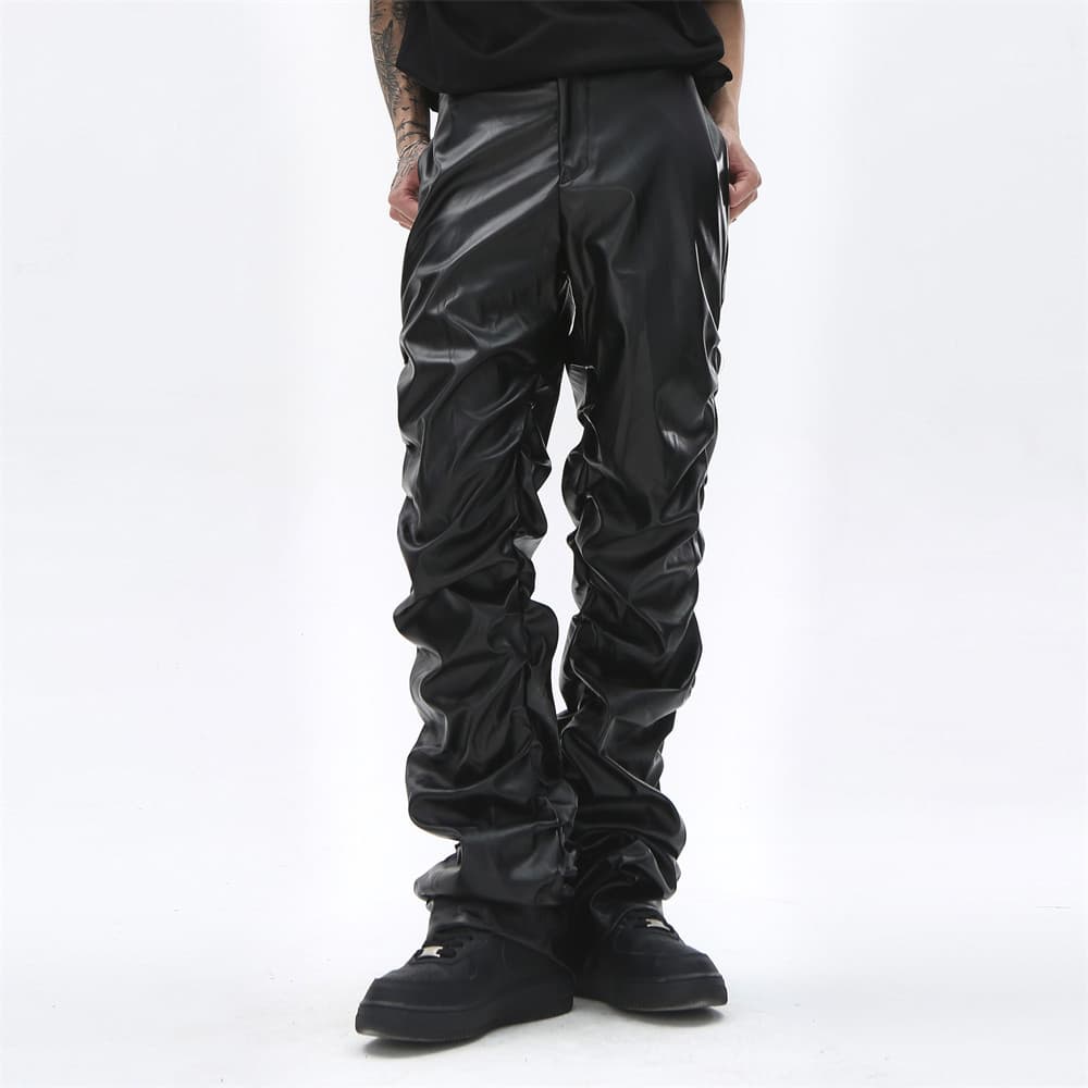 Dark Punk Design Sense Bright Pleated Pu Leather Pants Men's Hip Hop Loose Casual Pants