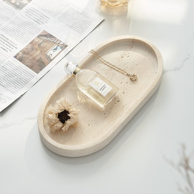 Medieval Natural Travertine Oval Tray High End Entrance Tabletop Home Decoration Storage Tray