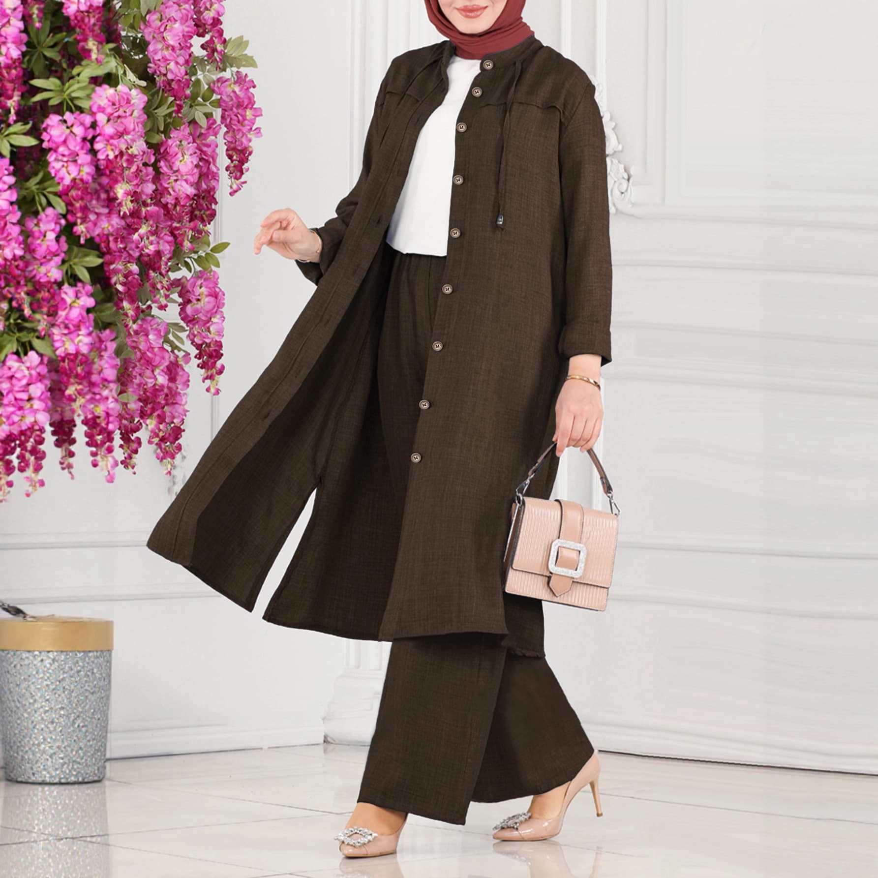 Elegant Muslim Daily Wear Set - Button Front Cardigan & Wide Leg Pants - Modest Loose Fit Outfit For Women