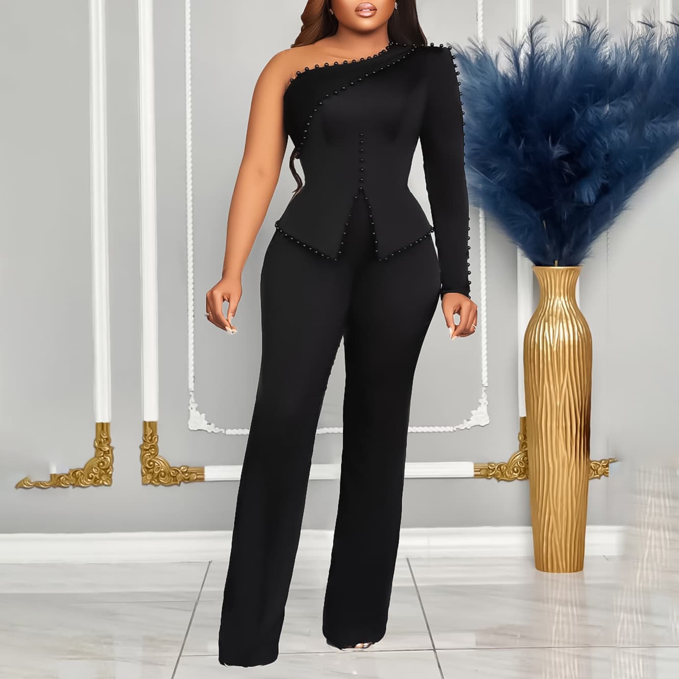 Women's Clothing Two-piece Plus-size Set With Diagonal Shoulder Studded Beads