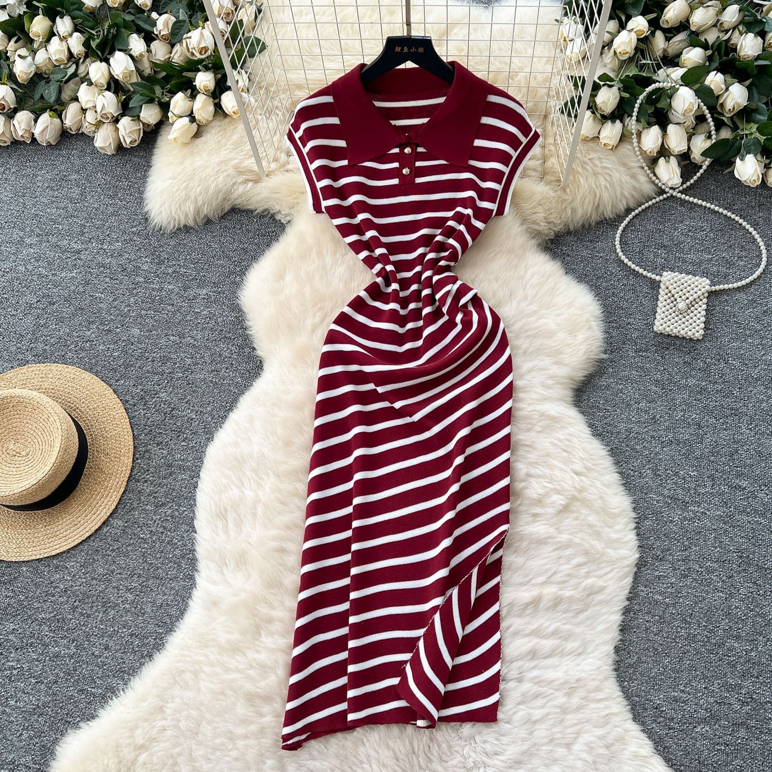 Women's Korean Chic Retro Striped Dress Polo Collar Short Sleeved Fitted Waist Elegant Slit Midi Skirt Summer Style Niche