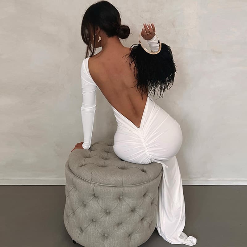 Hot selling new solid color sexy open back pleated long style elegant slim fitting dress