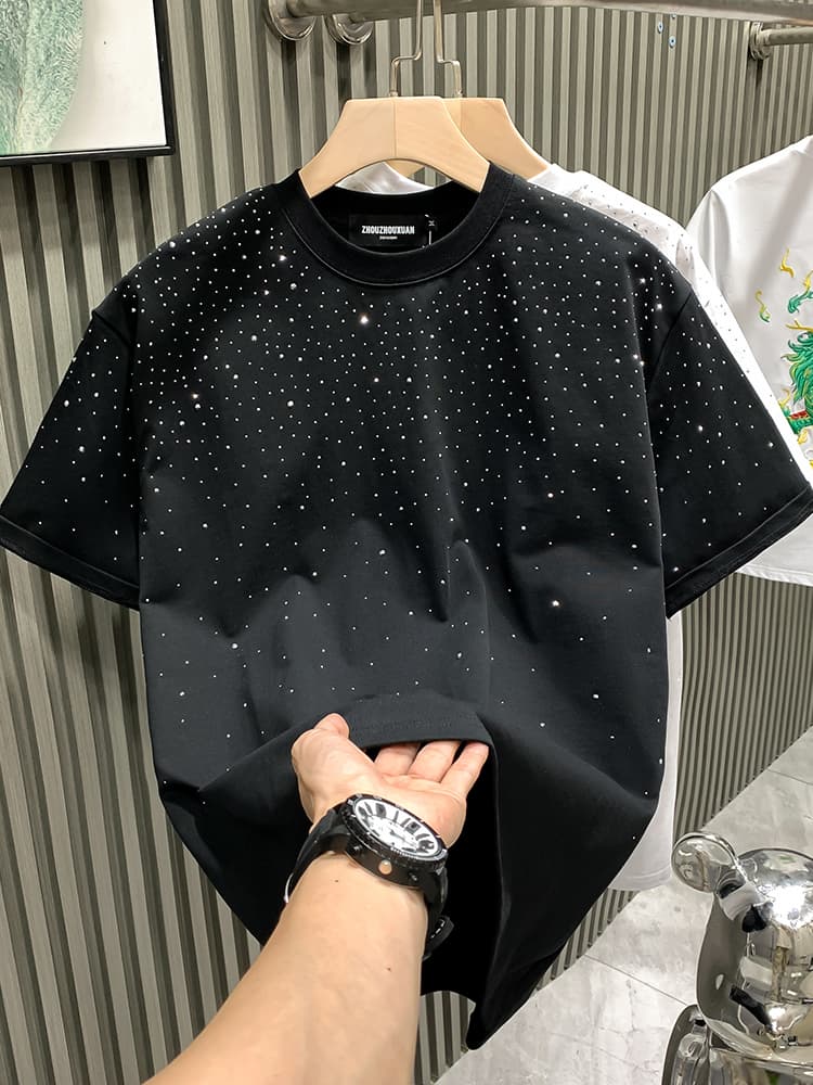European Fashion Trendy Brand Light Luxury Men's Short Internet Celebrity Niche Hot Diamond High-end Round Neck Half