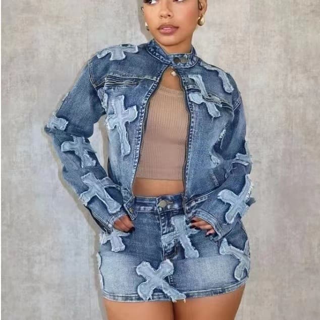 women's Autumn Fashion Boutique Denim Jeans Designer Two-piece Skirt And Jacket Suit