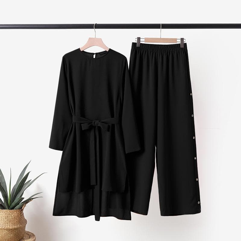 Women's Muslim Daily Hem Short In Front And Long In Back Elastic Waistband With Decorative Buttons And Pockets Suit Fashionable And Casual