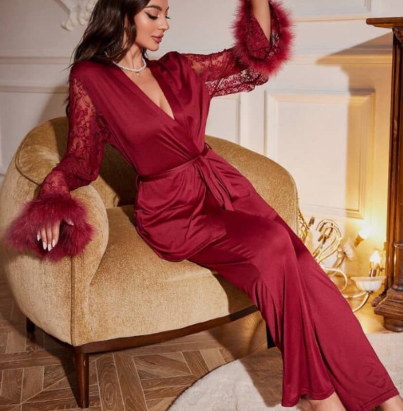 2025 cross border new stitching lace v neck pajamas robe set