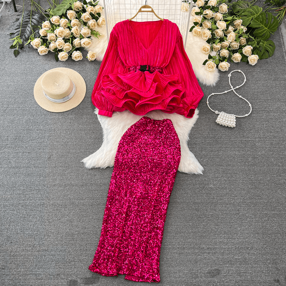 Women's Fashion Set Female Socialite Temperament Lantern Long Sleeve V-neck Lotus Leaf Bright Face Shirt Women's High Waist Sequin Skirt