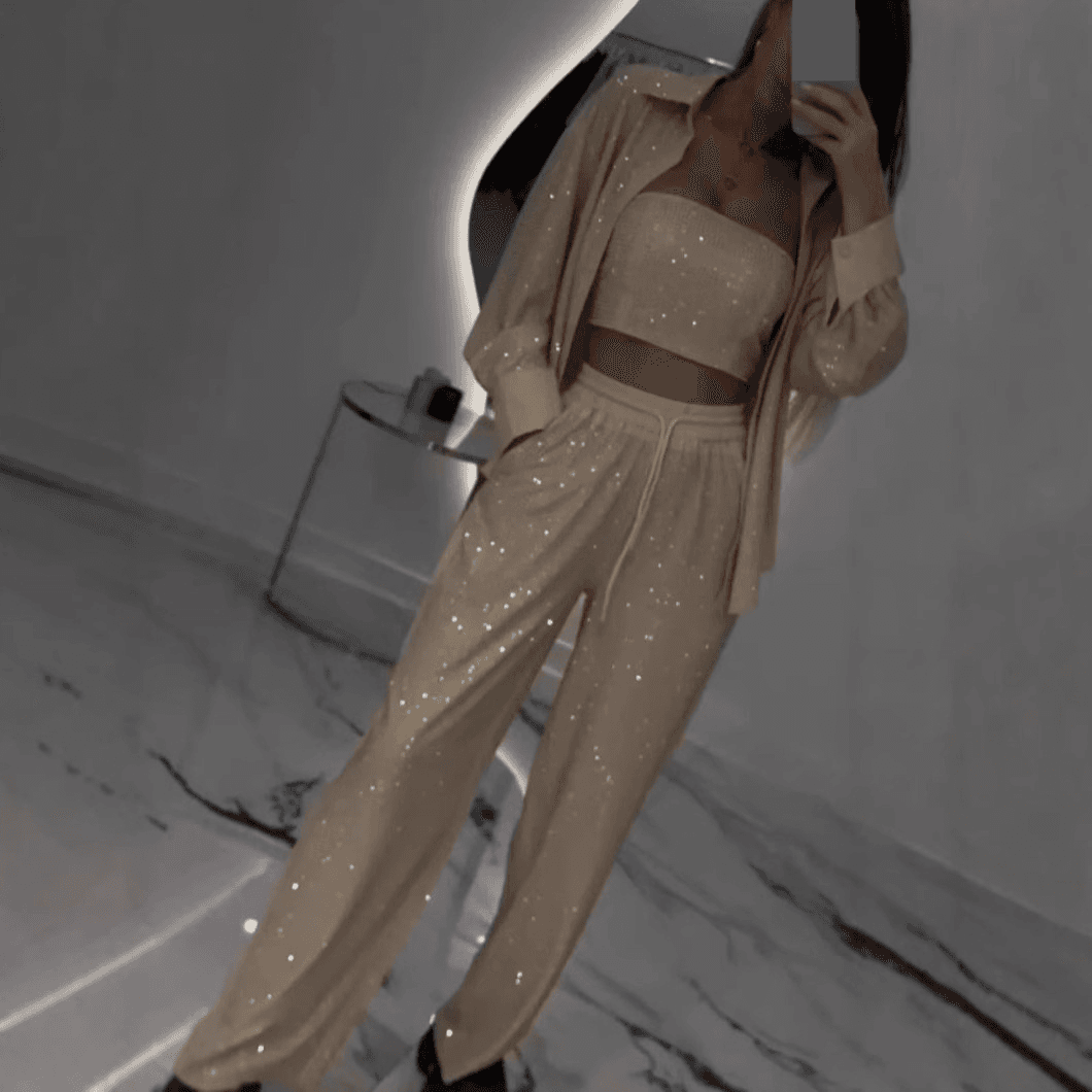 Women's Clothing Loose Casual Sequined Suit Jacket Tube Top Wide Leg Pants Three Piece Set