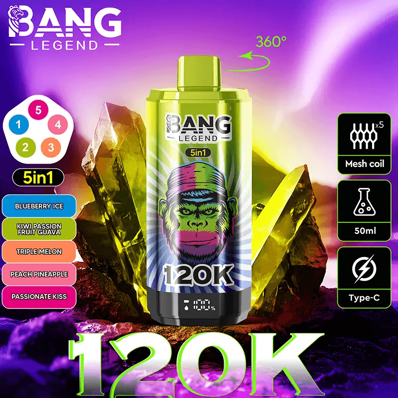 Lot de 2 cigarettes électroniques jetables Bang Legend 120 000 bouffées avec écran, saveurs fruitées et glacées.