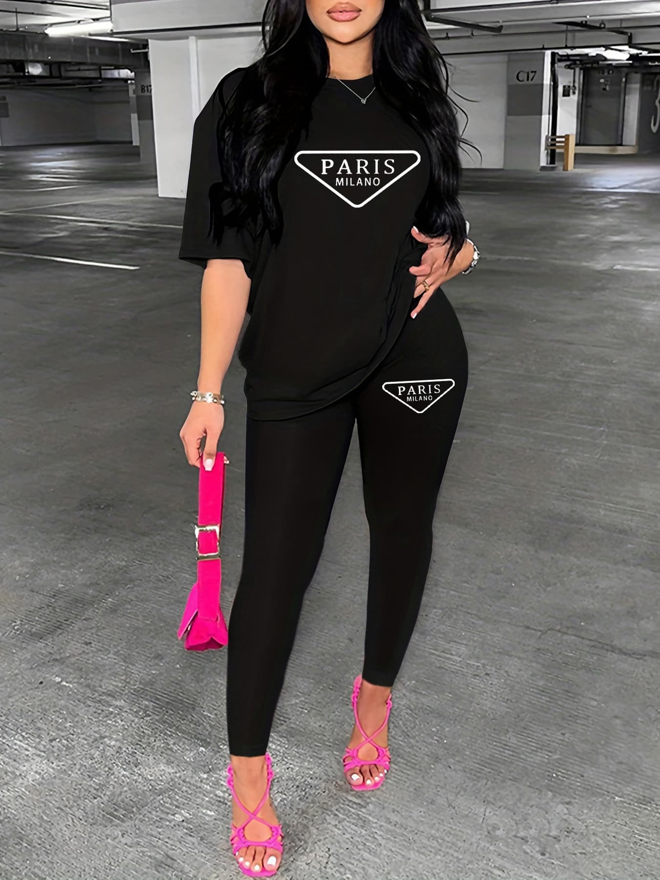 Women's Casual Loose And Fashionable Paris Pattern Print Loose T-shirt+cropped Pants Two-piece Home Sportswear Daily Wear-433
