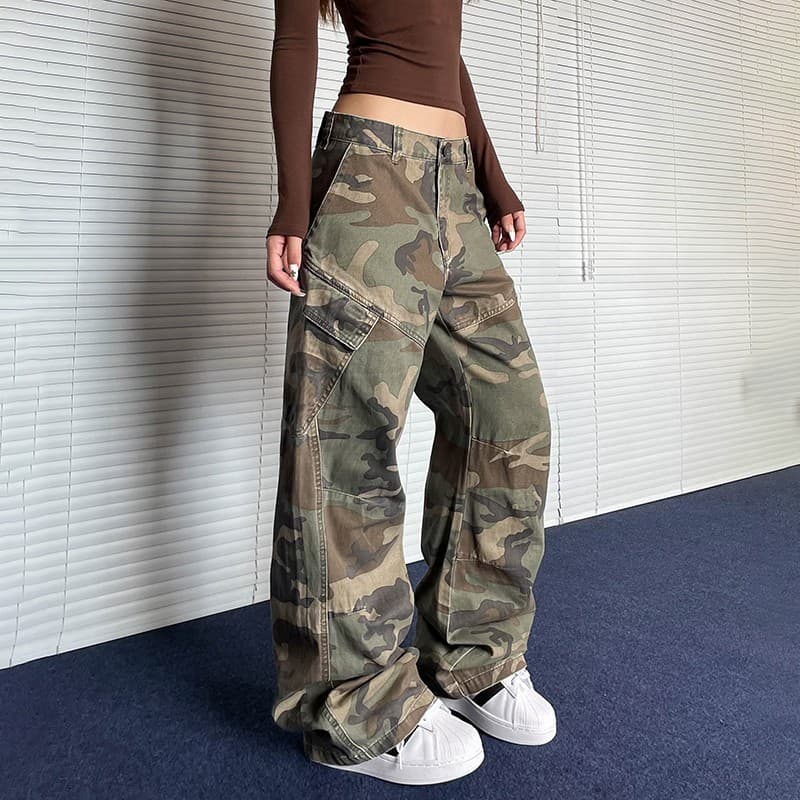 Women’s Clothing Slanted Pocket Design Camouflage Overalls Loose Slightly Flared Straight Pants For Men And Women Autumn New Styles