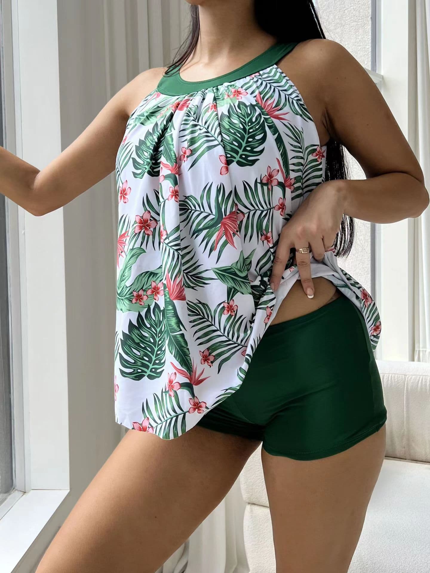 Europe and the United States conservative skirt split swimsuit leaf print lady fat sister tankini
