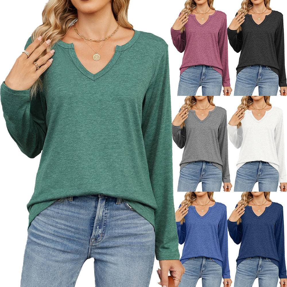 Women's Clothing Solid V-Neck Loose Relaxed Long Sleeve Pocket T-shirt