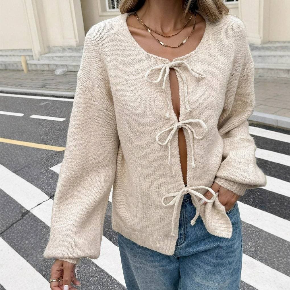 Women's Clothing Casual Solid Color Long Sleeved Drop Shoulder Front Tie Cardigan Sweater