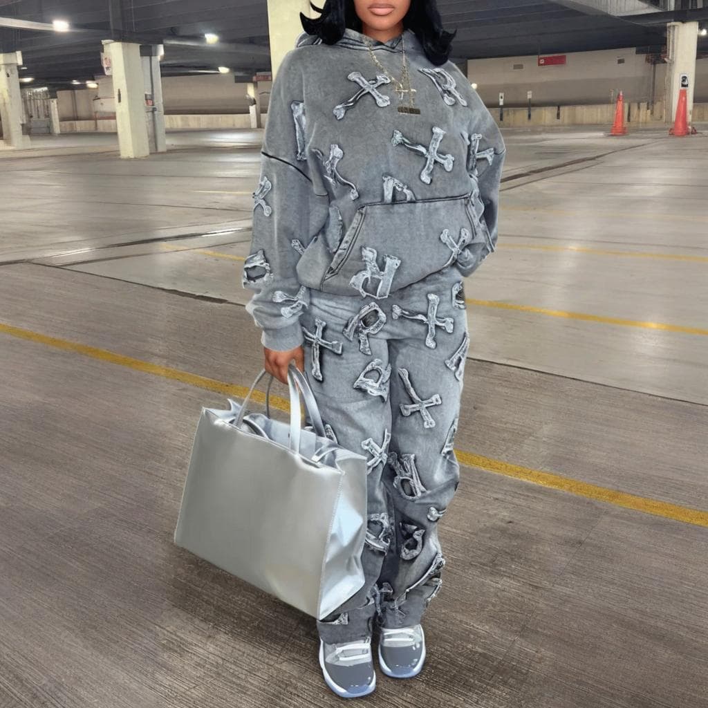 Women's Clothing Women's Printed Pocket Long-sleeved Sweatshirt 2-piece Set Trousers Suit