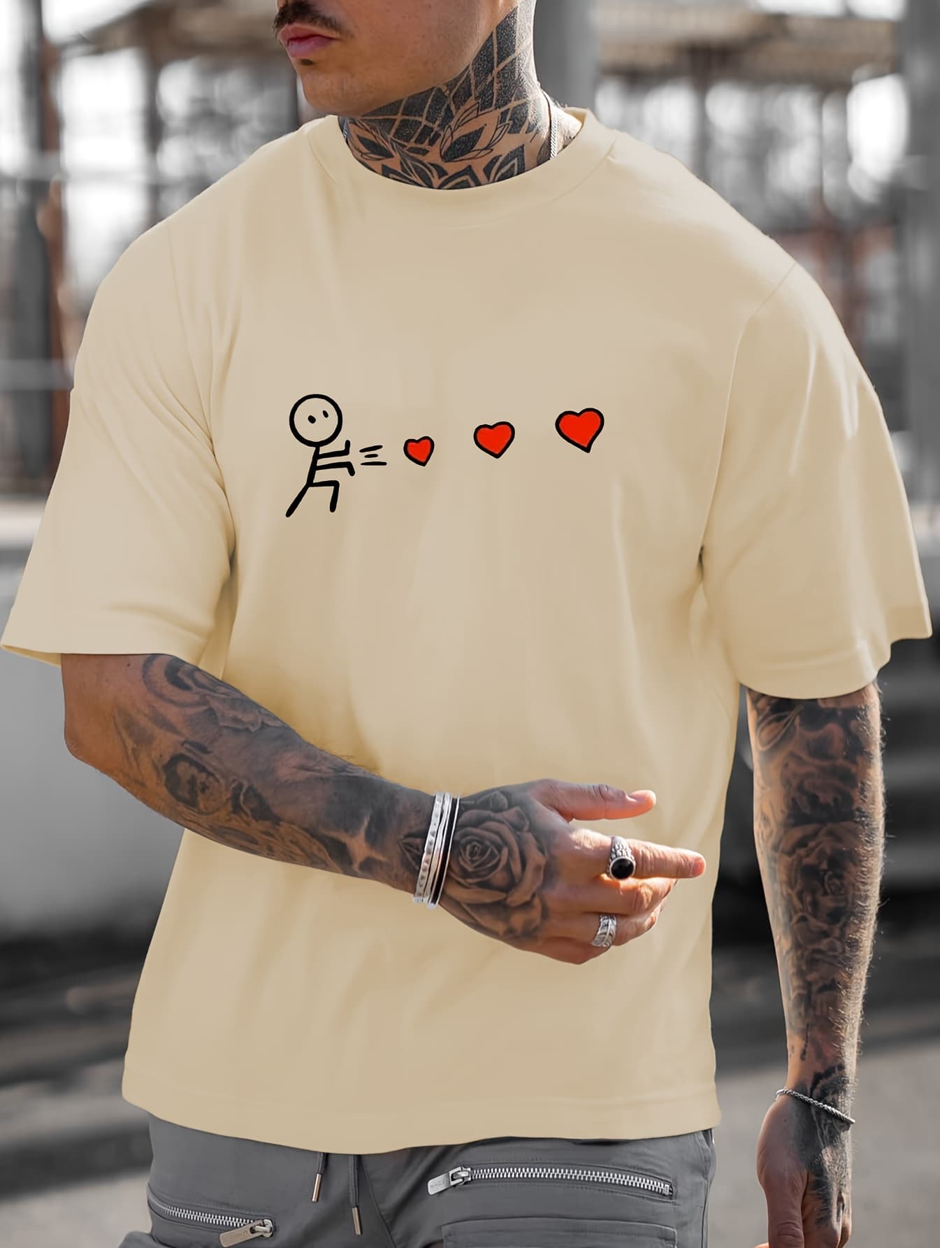 100% Pure Cotton Men's Spring And Autumn Fashion Short Sleeved Shooting Hearts Print Casual Slim Fit Versatile Top