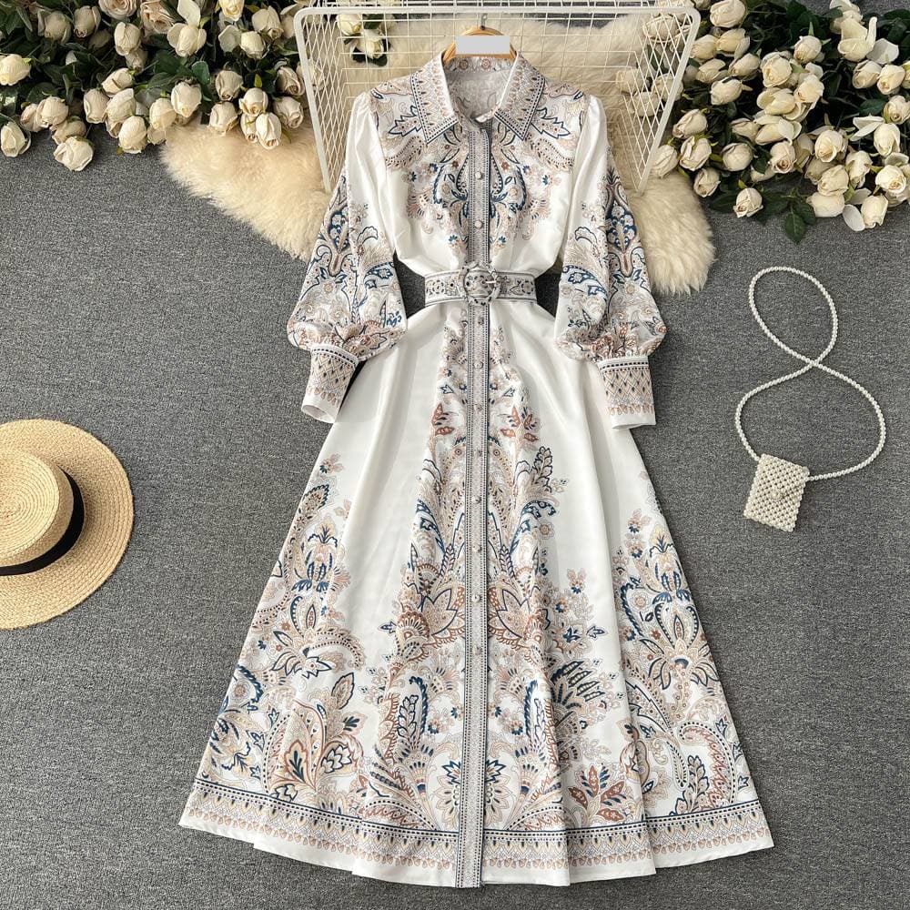 Women's Floral Print Empire Waist Dress – Bell Sleeves & High Neck For Elegant Boho Style
