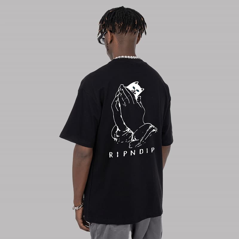 Men's Clothing Short Sleeve Tide Brand New Summer National Tide Praying Cat Men And Women Cheap Cat T Shirt Couple Outfit Loose