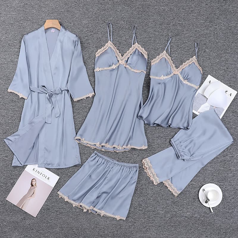 Ensemble de pyjama 5 pièces en viscose à manches longues et soyeux (S-XXL, 4 couleurs)