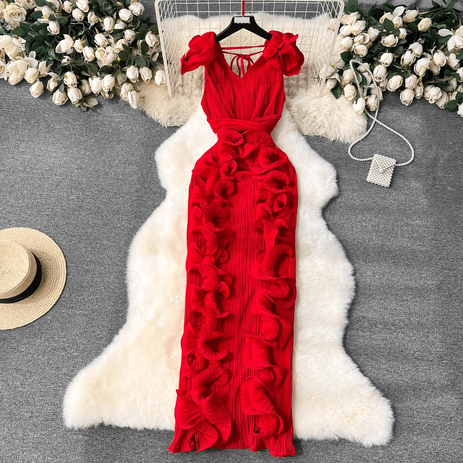 Women's Clothing high-end dress high-end light luxury niche pleated three-dimensional ruffled slim long temperament dress for women