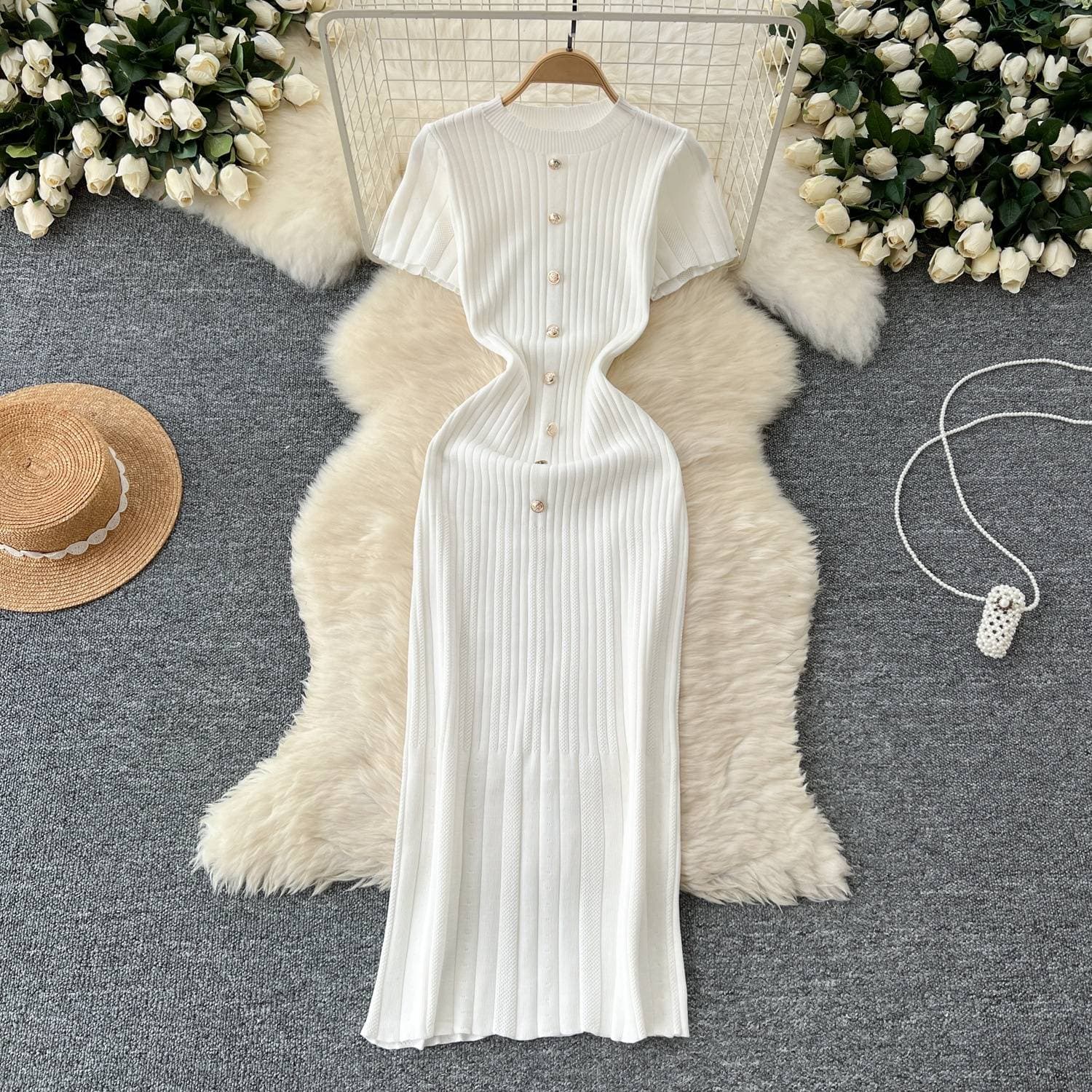 Women's Clothing new style high end round neck single breasted short sleeved slim fit long skirt