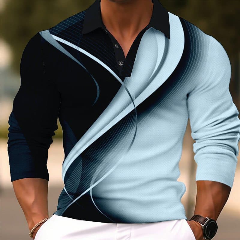 Platform geometric gradient lines for men's business 3D printing casual spring and autumn long sleeved Polo shirt