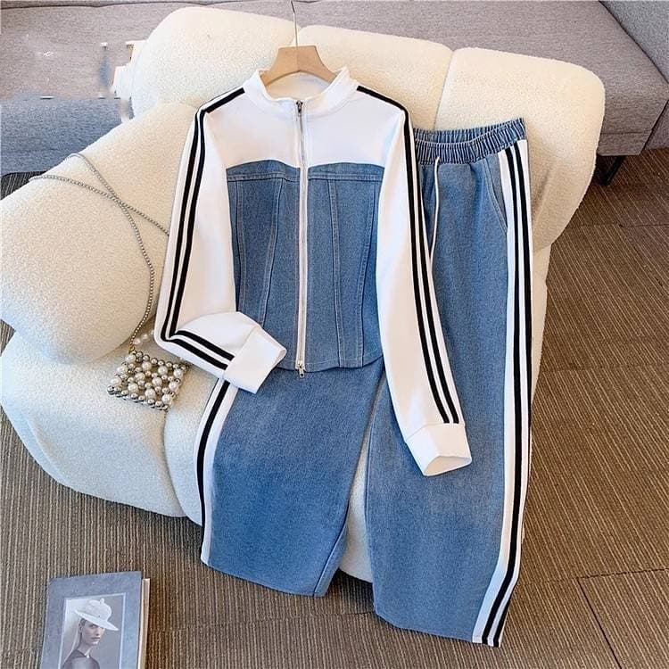 Women's Clothing Fashion Zipper Two Piece Long Sleeved Suit For Girls Spring And Autumn New Denim Splicing Tops Wide Leg Trousers