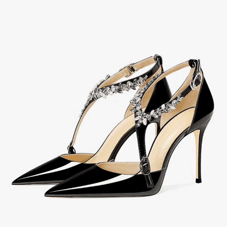 Women's Shoes Large Size Genuine Leather Rhinestone High Heels New Summer Versatile Pointed Stilettos Buckle Strap Closed Toe Sandals For Women