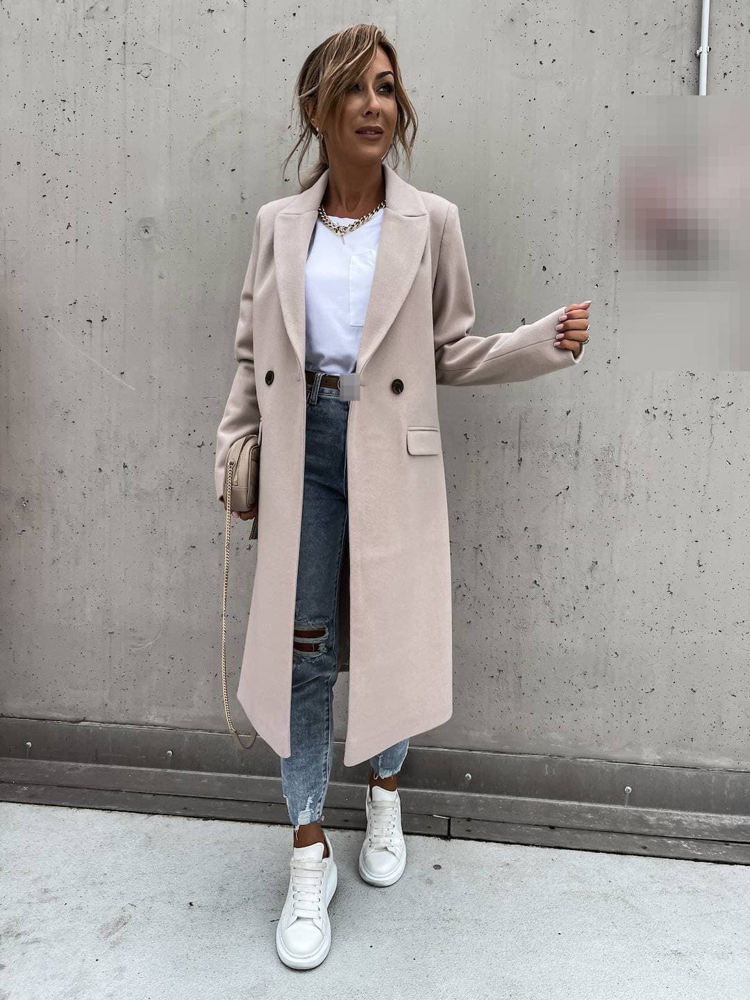 ​​Women's Long Wool Blend Trench Coat With Notched Lapel – Classic Straight Cut For Autumn & Winter​​
